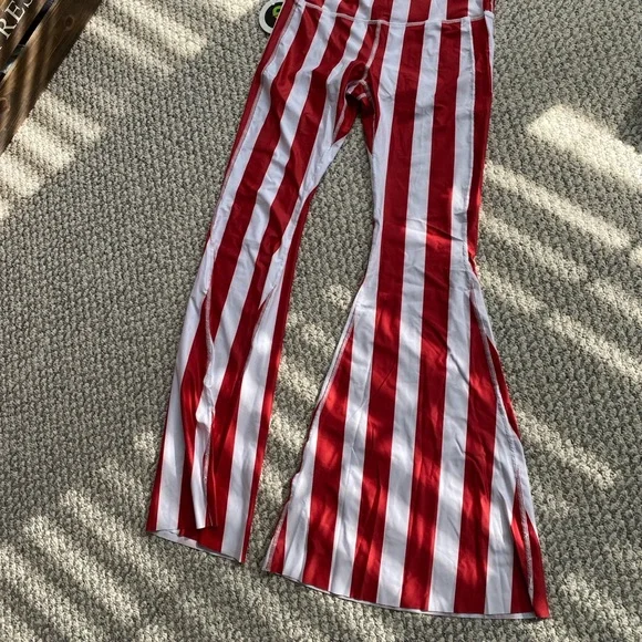 Candy stripe- Striped Red and White Women's Leggings- bell bottoms - Picture 1 of 2